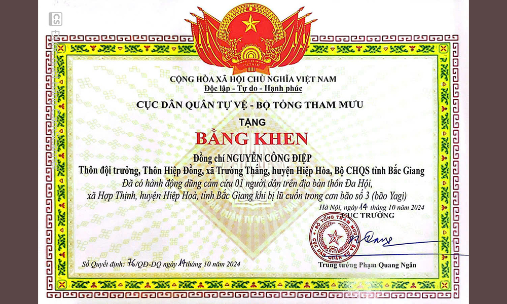  Bắc Giang: Một dân quân tự vệ được tặng Bằng khen dũng cảm cứu người trong bão Yagi